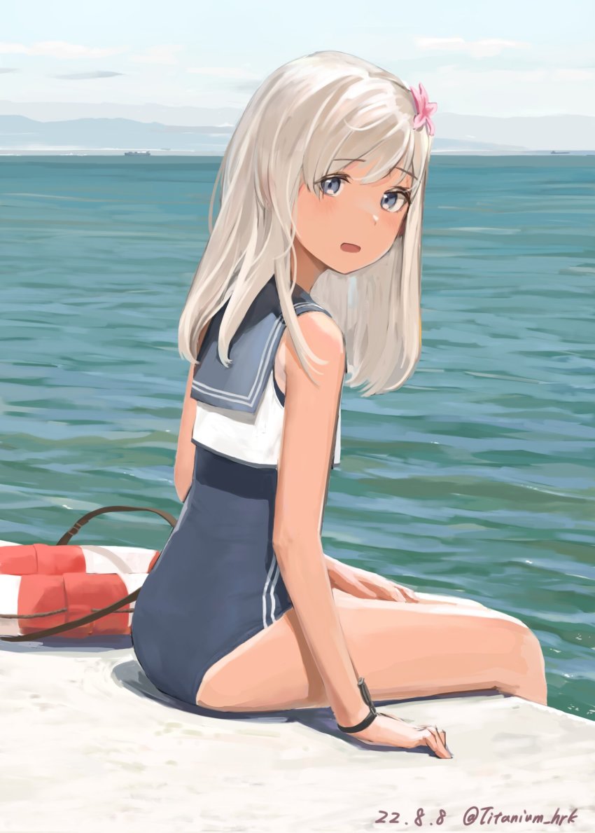1girl, black_one-piece_swimsuit, blonde_hair, blue_eyes, dated, day, flower, hair_flower