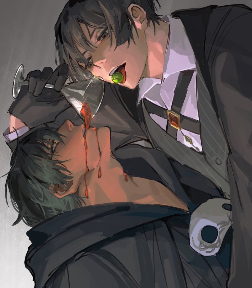 2boys, black_eyes, black_gloves, black_hair, black_jacket, black_robe, brooch, cocktail_glass