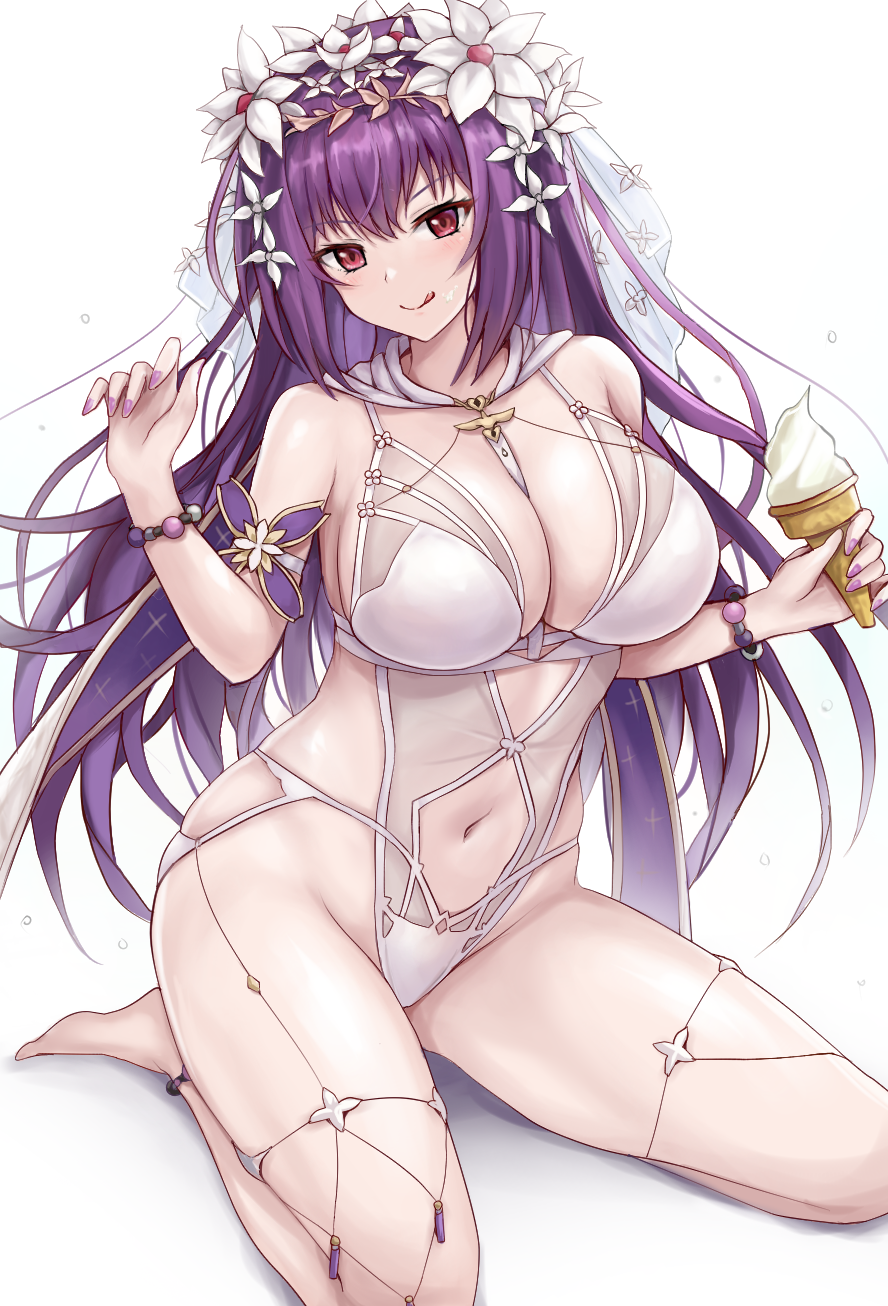 1girl, :q, arm_strap, bare_shoulders, barefoot, bead_bracelet, beads, between_breasts, bracelet, breast_focus, breasts, cleavage, closed_mouth, clothing_cutout, fate/grand_order, fate_(series), flower, food, hair_flower, hair_ornament, hands_up, highleg, highleg_one-piece_swimsuit, highres, holding, holding_food, holding_ice_cream, ice_cream, ice_cream_cone, jewelry, large_breasts, long_hair, navel, one-piece_swimsuit, presenting, purple_hair, r-binon, red_eyes, revealing_clothes, scathach_(fate), scathach-skadi_(fate), scathach-skadi_(swimsuit_ruler)_(third_ascension)_(fate), see-through_clothes, simple_background, sitting, solo, swimsuit, thick_thighs, thighs, tongue, tongue_out, veil, white_background, white_flower, white_one-piece_swimsuit