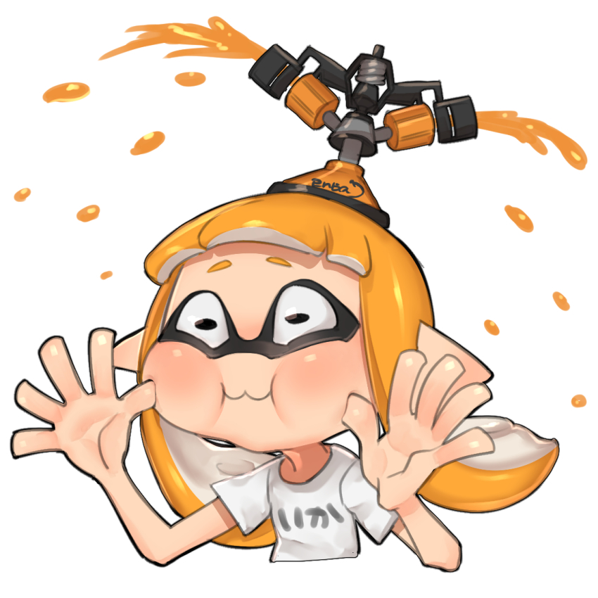 1girl, :3, black_eyes, blunt_bangs, blush, cheek_bulge, closed_mouth, clothes_writing, constricted_pupils, cropped_torso, female_focus, flat_chest, forehead, hands_up, ink, inkling, inkling_girl, inkling_player_character, long_hair, making_faces, nintendo, object_on_head, orange_hair, pointy_ears, puchiman, puffy_cheeks, shirt, short_sleeves, sidelocks, simple_background, solo, splatoon_(series), sprinkler, sprinkler_(splatoon), suction_cups, tentacle_hair, tentacles, twintails, upper_body, white_background, white_shirt