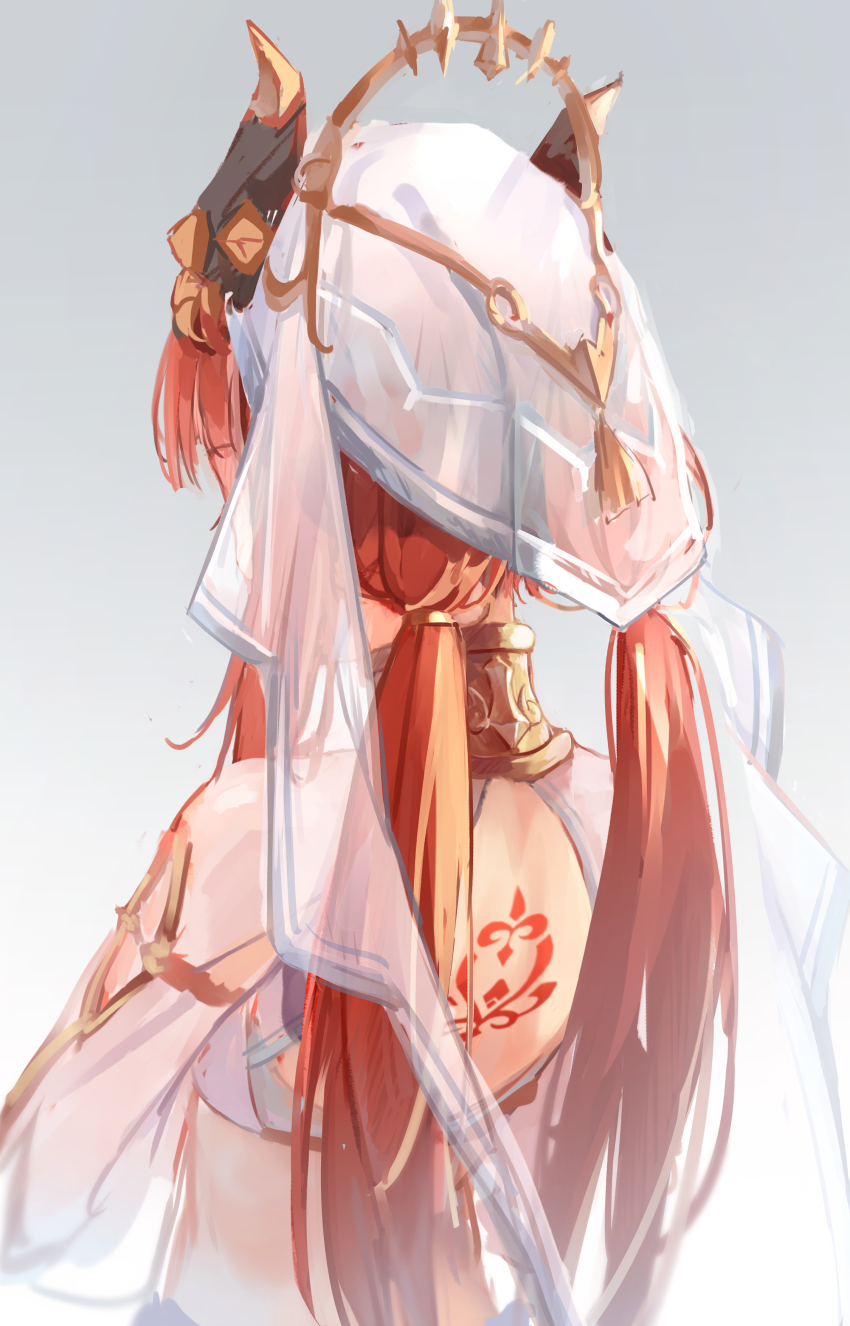 1girl, absurdres, back_tattoo, from_behind, genshin_impact, grey_background, highres, horns