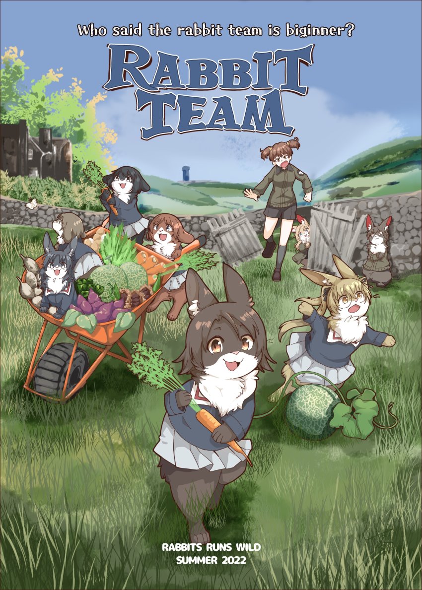 6+girls, absurdres, alisa_(girls_und_panzer), animal_ears, animalization, brown_hair, bug, butterfly