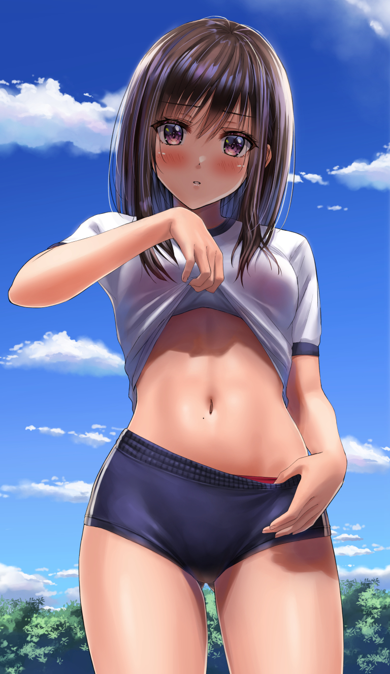 1girl, black_hair, blue_buruma, blue_sky, blush, bra, bra_visible_through_clothes, breasts, brown_eyes, buruma, buruma_pull, clothes_lift, clothes_pull, cloud, commentary_request, day, gluteal_fold, gym_uniform, highres, lifting_own_clothes, long_hair, looking_at_viewer, navel, original, outdoors, panties, panty_peek, parted_lips, pink_bra, red_panties, shirt_lift, sidelocks, sky, small_breasts, solo, standing, stomach, thighs, underwear, yukemuriganmo