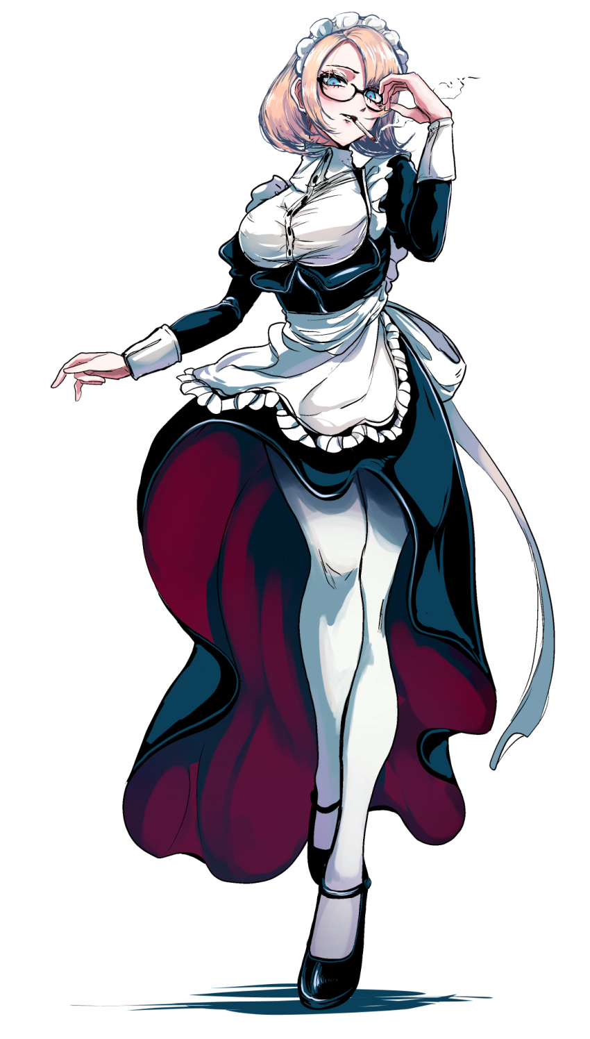 1girl, apron, blonde_hair, blue_eyes, cigarette, frills, fufu_(fufuichi04), glasses