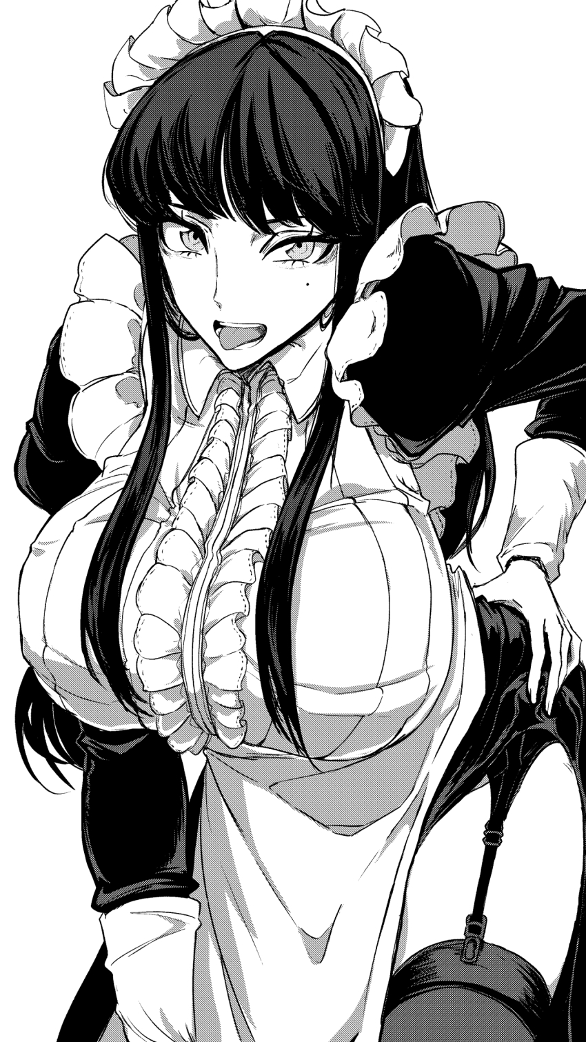 1girl, apron, breasts, frills, fufu_(fufuichi04), garter_straps, greyscale, highres, large_breasts, long_hair, looking_at_viewer, maid, maid_headdress, mole, mole_under_eye, monochrome, original, sidelocks, solo, thighhighs, tongue, tongue_out, tsurime