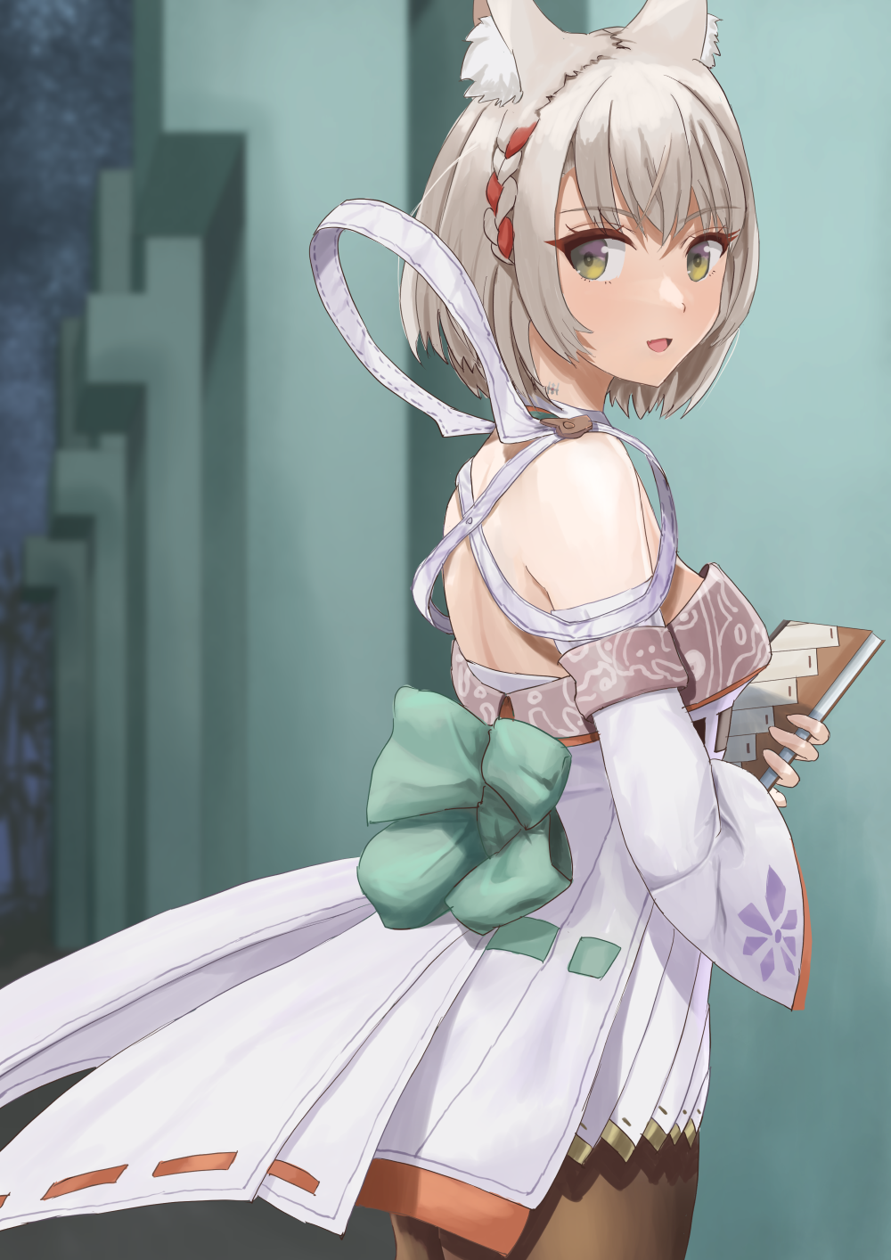 1girl, agnus_female_off-seer_uniform, animal_ear_fluff, animal_ears, back, bare_shoulders, book, breasts, brown_pantyhose, camisole, cat_ears, collar, detached_collar, diary, highres, leggings, looking_at_viewer, looking_back, medium_breasts, mio_(xenoblade), pantyhose, sawayakakatsu, short_hair, sideboob, solo, xenoblade_chronicles_(series), xenoblade_chronicles_3, yellow_eyes