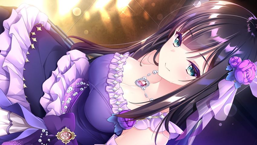 1girl, black_hair, breasts, cleavage, closed_mouth, dress, dutch_angle, flower