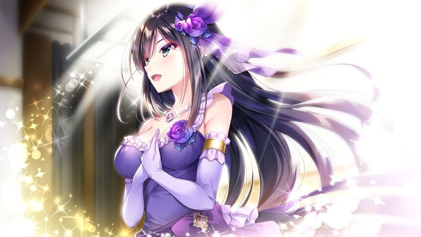 1girl, :d, black_hair, blush, breasts, dress, elbow_gloves, floating_hair