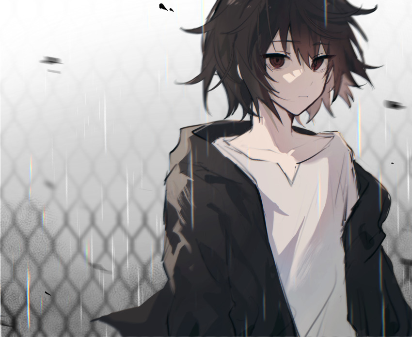 1boy, black_jacket, brown_eyes, brown_hair, chain-link_fence, closed_mouth, empty_eyes, fence