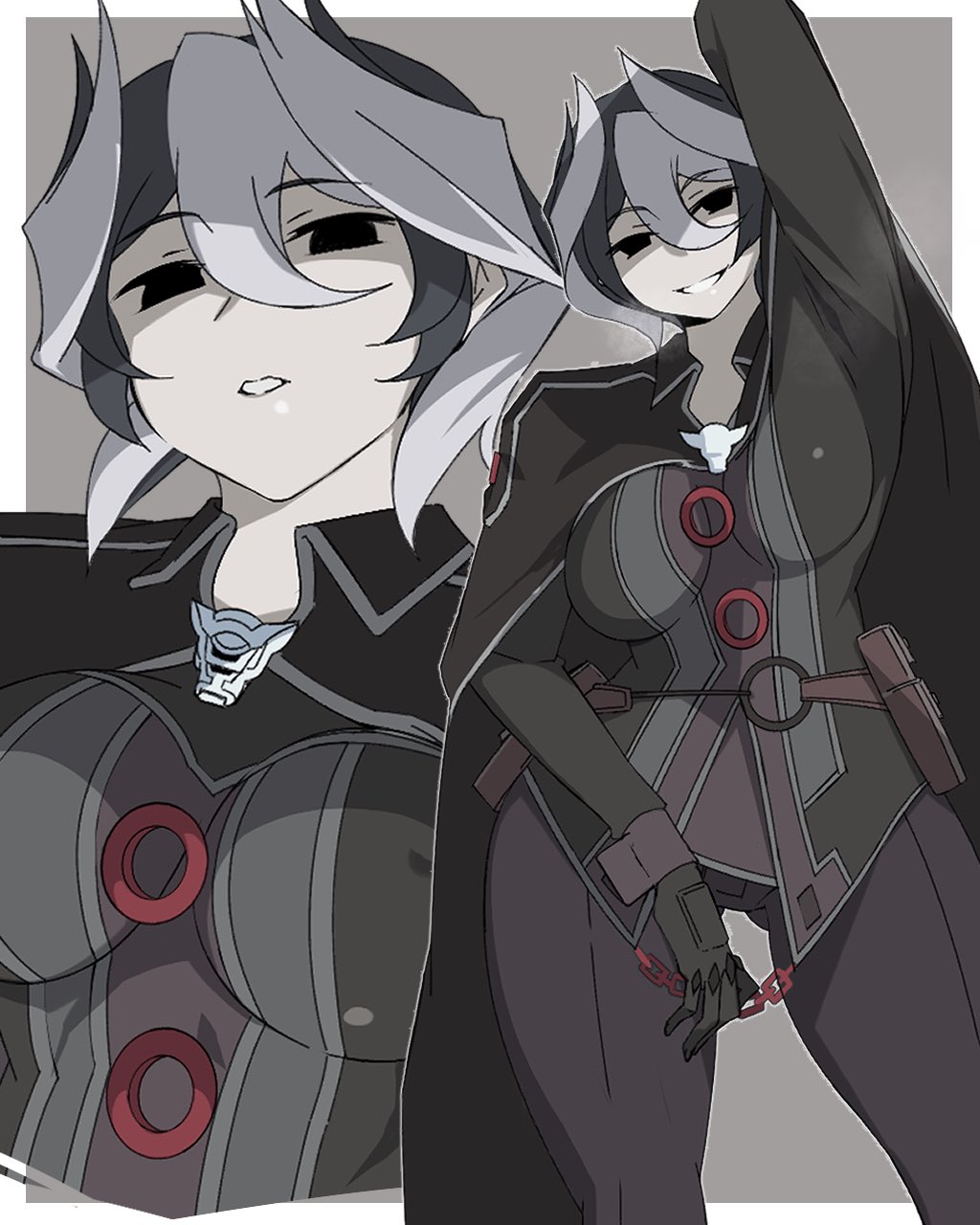 armpits, arms_up, highres, looking_at_viewer, made_in_abyss, mature_female, multicolored_hair, ozen, pants, sasasasa_tosh, tight_clothes, tight_pants, two-tone_hair, wide_hips