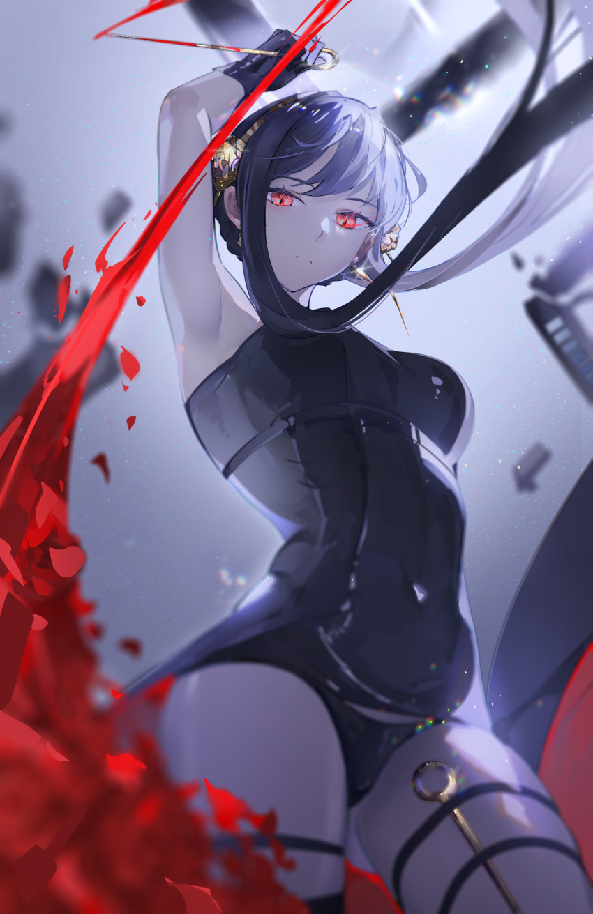 1girl, absurdres, arm_up, armpits, artificial_flower, black_dress, black_panties, blood