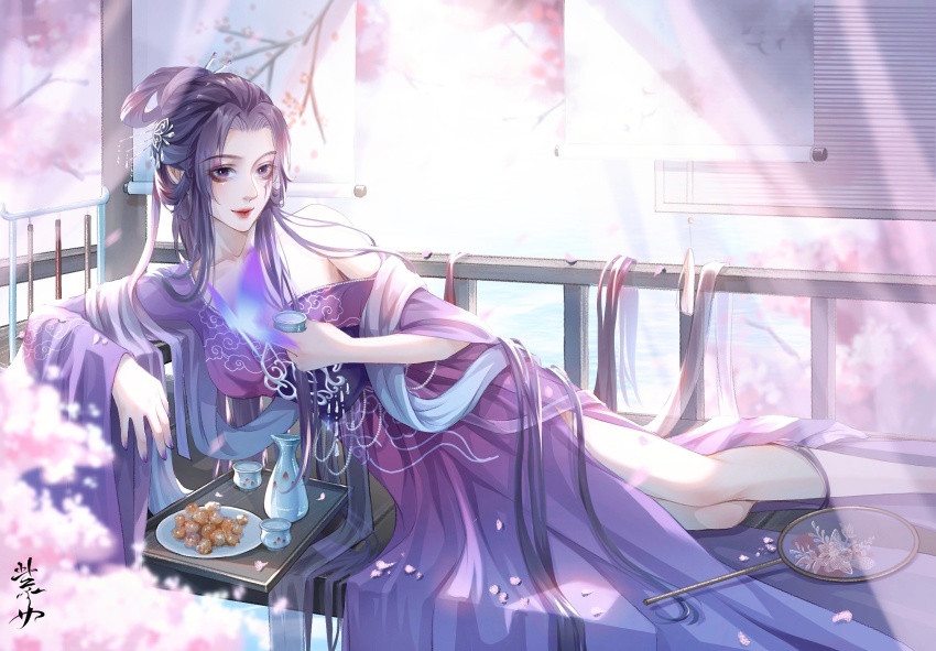 1girl, bare_legs, bottle, cherry_blossoms, cup, curtains, dress, food, hair_rings, hand_fan, highres, jimo_qingfeng, long_hair, lying, off-shoulder_dress, off_shoulder, on_side, petals, plate, purple_dress, purple_hair, qinshi_mingyue, railing, second-party_source, smile, sweets, zi_nu_(qin_shi_ming_yue)