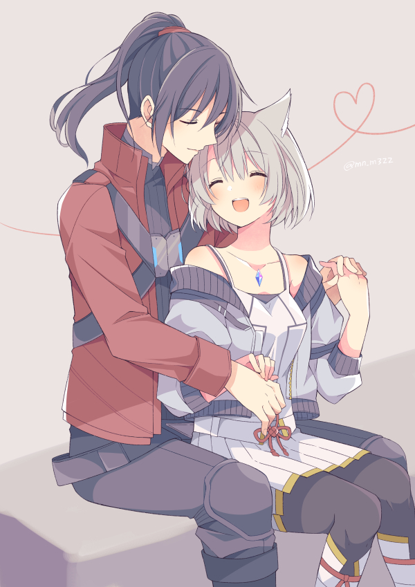 1boy, 1girl, animal_ears, bare_shoulders, belt, black_belt, black_hair, black_pants, black_pantyhose, black_shirt, blush, cat_ears, chest_jewel, closed_eyes, closed_mouth, collarbone, commentary_request, couple, crossed_belts, grey_hair, grey_jacket, hair_between_eyes, hetero, holding_hands, jacket, long_hair, long_sleeves, mini_mamu, mio_(xenoblade), noah_(xenoblade), off_shoulder, open_clothes, open_jacket, open_mouth, pants, pantyhose, ponytail, red_jacket, ribbed_shirt, shirt, short_hair, sitting, sitting_on_lap, sitting_on_person, skirt, smile, tank_top, turtleneck, twitter_username, white_skirt, white_tank_top, xenoblade_chronicles_(series), xenoblade_chronicles_3