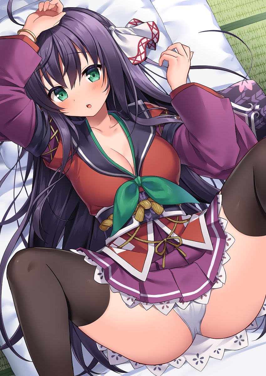 1girl, ahoge, black_hair, black_sailor_collar, black_thighhighs, blush, bow, breasts, cleavage, emil_chronicle_online, futon, green_eyes, hair_bow, head_tilt, highres, kiyohime_lore, long_hair, looking_at_viewer, lying, medium_breasts, on_back, open_mouth, panties, pleated_skirt, purple_skirt, red_shirt, sailor_collar, shirt, skirt, solo, takanashi_(takanashi_tkns), thighhighs, underwear, white_bow, white_panties
