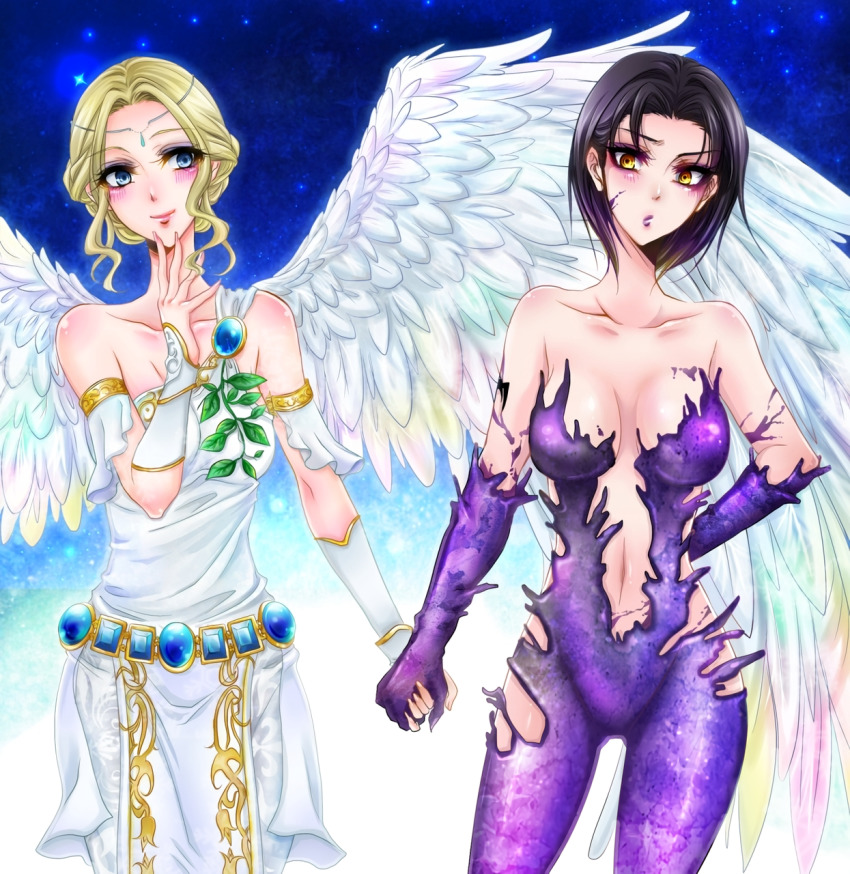 2girls, angel_(tekken), angel_wings, black_hair, blonde_hair, highres, holding_hands, kazama_jun