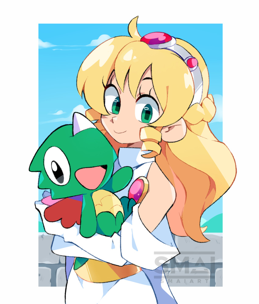 blonde_hair, coryoon, dragon, dress, green_eyes, highres, holding_dragon, long_hair, princess, princess_(coryoon), tagme, tiara, white_dress