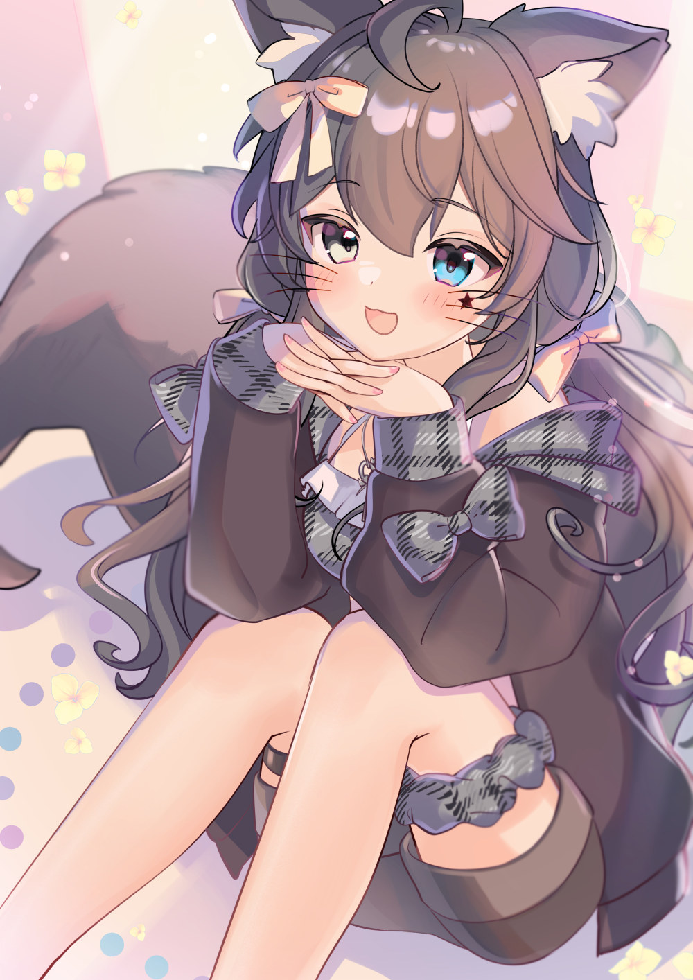 1girl, :d, animal_ears, black_jacket, blue_eyes, brown_hair, commission, dog_ears, dog_tail, grey_eyes, heterochromia, highres, jacket, long_hair, long_sleeves, open_clothes, open_jacket, open_mouth, own_hands_clasped, own_hands_together, shorts, skeb_commission, smile, tail, vrchat, whiskers, yunosuke_kon