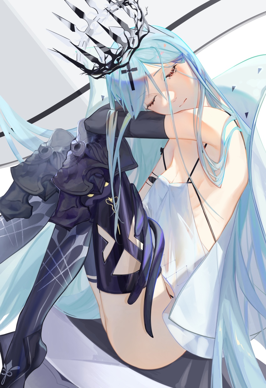 1girl, absurdres, aqua_hair, azur_lane, black_gloves, black_thighhighs, breasts, champagne_(azur_lane)