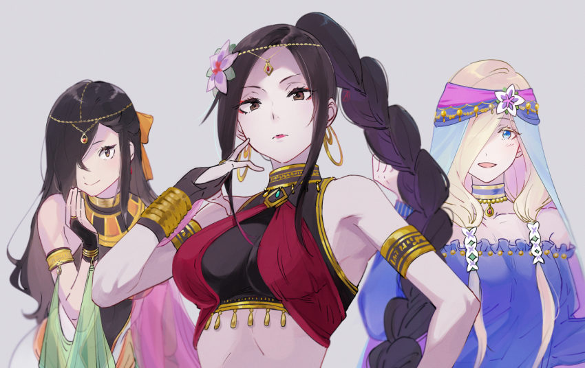 3girls, armband, armpits, black_hair, blonde_hair, blue_dress, blue_eyes, blush, brown_eyes, choker, dress, earrings, fingerless_gloves, flop_o'connell, gendersdancer, genderswap, genderswap_(mtf), gloves, hair_over_one_eye, hair_ribbon, jewelry, lipstick, long_hair, looking_at_viewer, makeup, multiple_girls, natsuki_subaru, natsumi_schwarz, pendant, re:zero_kara_hajimeru_isekai_seikatsu, ribbon, sanpaku, sash, shawl, smile, strapless, strapless_dress, very_long_hair, vincent_vollachia