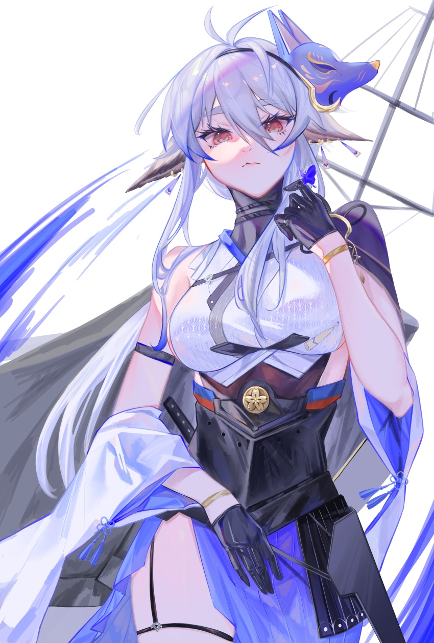 1girl, absurdres, animal_ears, antenna_hair, azur_lane, bare_shoulders, black_gloves, blue_skirt