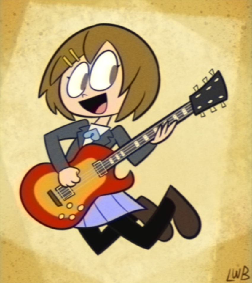 1girl, 2000s_(style), :d, absurdres, blazer, brown_eyes, brown_hair, cartoonized, electric_guitar, full_body, guitar, hair_ornament, hairclip, highres, hirasawa_yui, holding, holding_instrument, instrument, jacket, jumping, k-on!, lolwutburger, looking_to_the_side, music, open_mouth, pantyhose, parody, playing_instrument, purple_skirt, sakuragaoka_high_school_uniform, school_uniform, shirt, skirt, smile, solo, style_parody, toon_(style), upa_(style), white_shirt