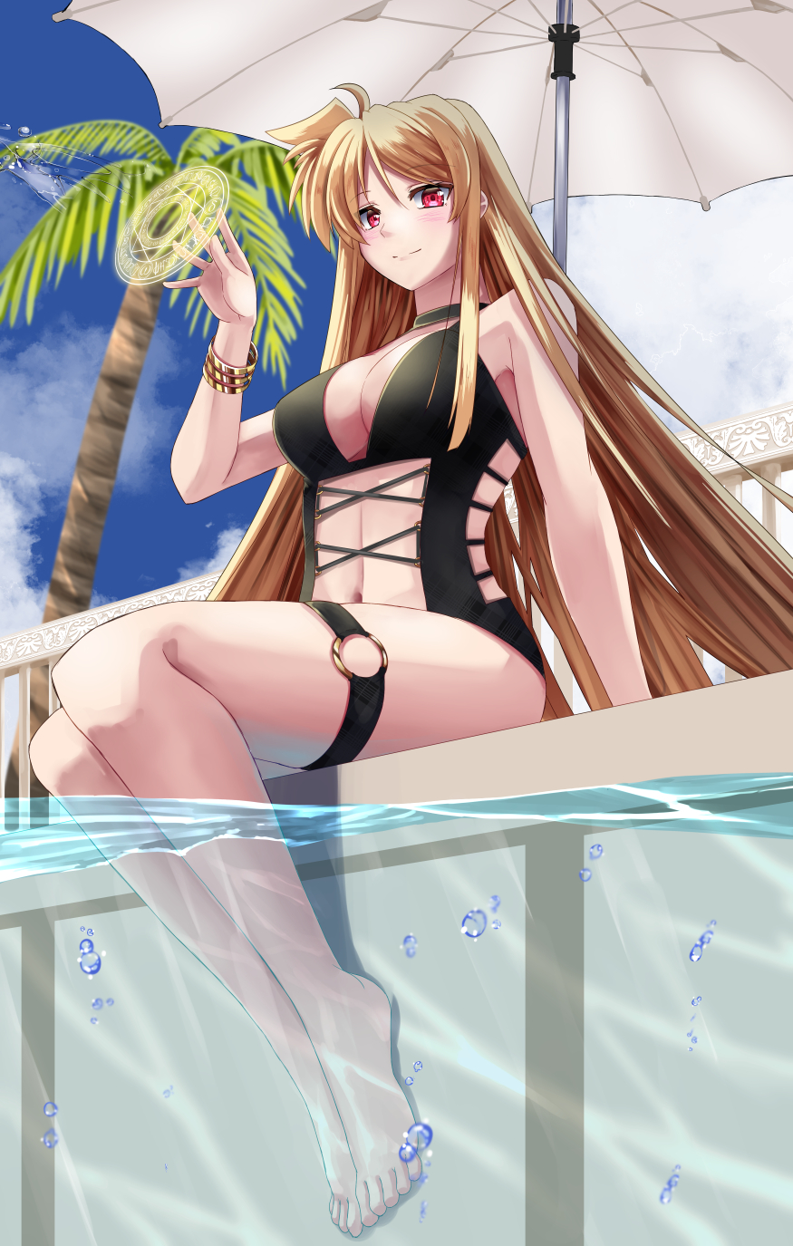 1girl, ahoge, barefoot, bikini, blonde_hair, blue_sky, bracelet, breasts, bubble, cleavage, cloud, collar, day, fate_testarossa, feet, highres, jewelry, large_breasts, light_blush, long_hair, looking_at_viewer, lyrical_nanoha, magic_circle, mahou_shoujo_lyrical_nanoha_strikers, navel, outdoors, palm_tree, parasol, partially_submerged, pool, red_eyes, sitting, sky, smile, solo, sougetsu_izuki, swimsuit, toes, tree, umbrella, very_long_hair