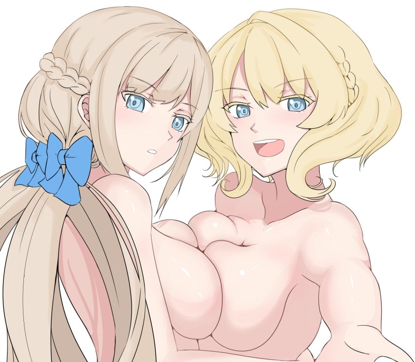 2girls, blonde_hair, blue_bow, blue_eyes, bow, braid, breast_press, breasts
