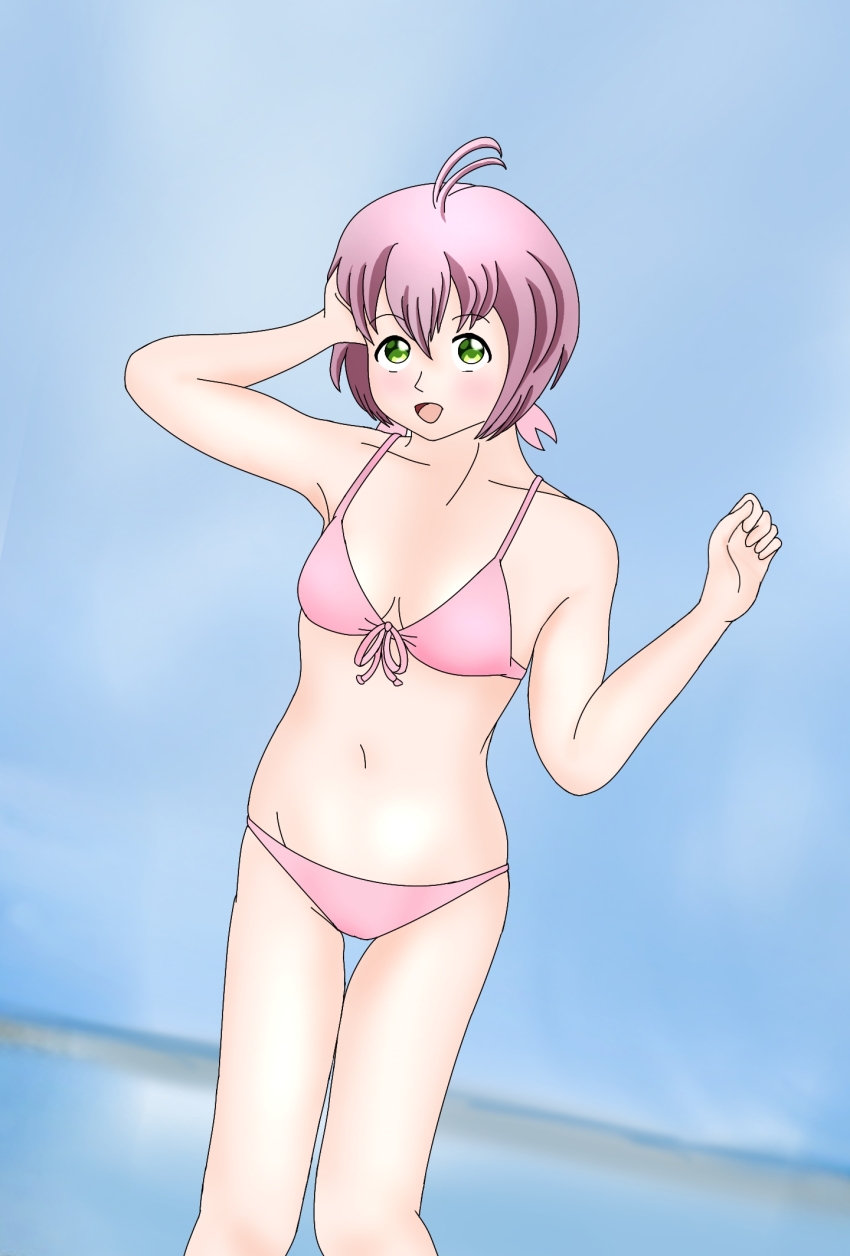 1girl, bikini, blue_sky, green_eyes, highres, horizon, open_mouth, pink_bikini