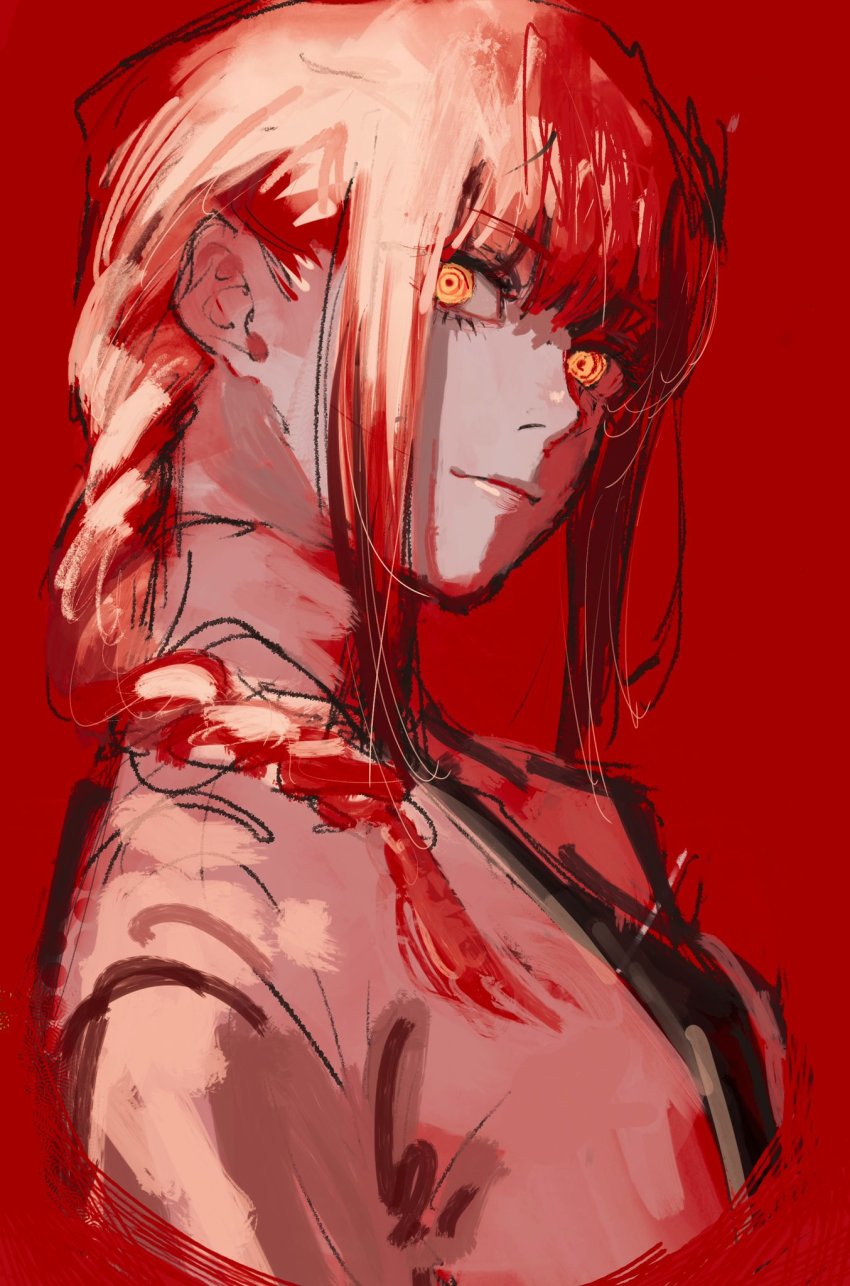 1girl, @_@, black_necktie, braid, braided_ponytail, chainsaw_man, collared_shirt, highres