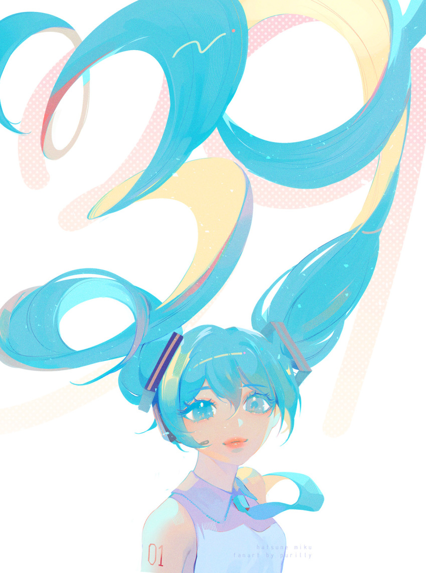 1girl, arm_tattoo, artist_name, character_name, collared_shirt, floating_hair, grey_shirt, hatsune_miku