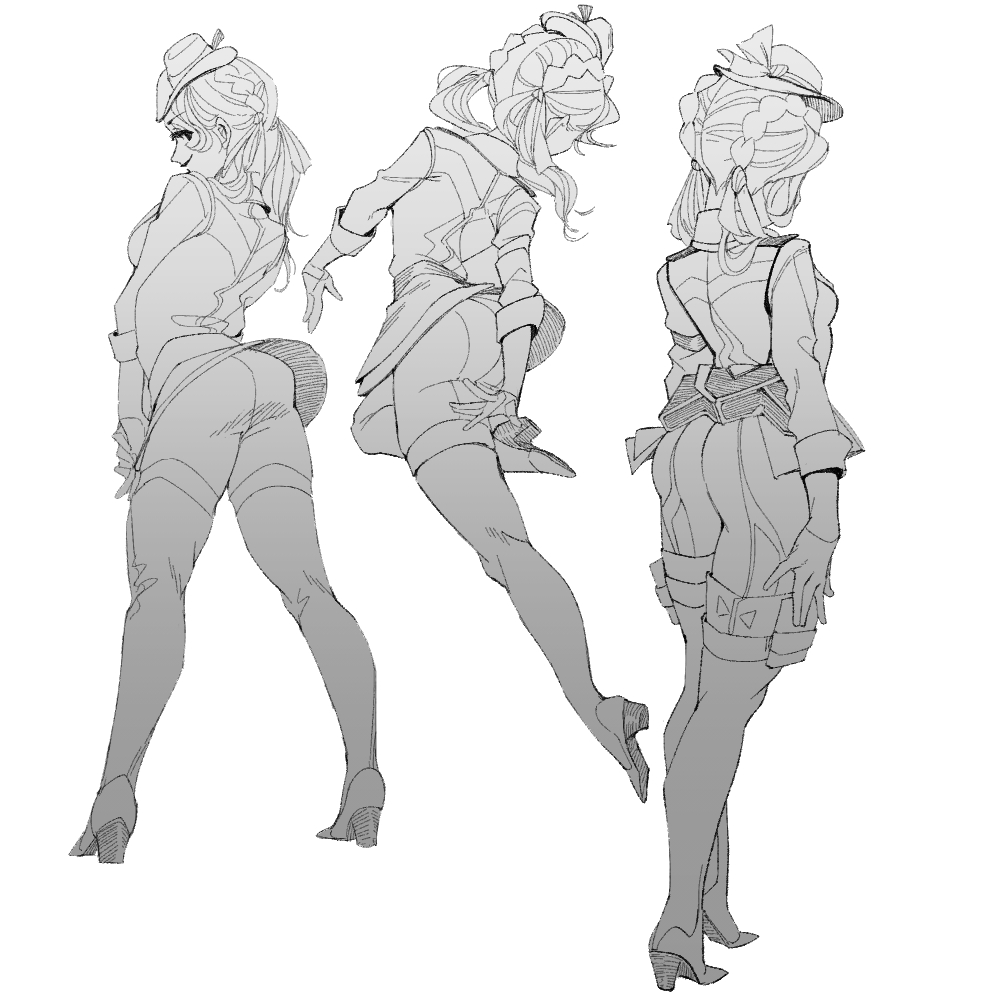 1girl, animification, apex_legends, ass, bootlegger_loba, boots, braid, gloves, greyscale, hair_behind_ear, hat, high_heels, jacket, loba_(apex_legends), looking_back, looking_down, mini_hat, monochrome, multiple_views, official_alternate_costume, retro_pppkn, shorts, smile, thigh_boots, twin_braids