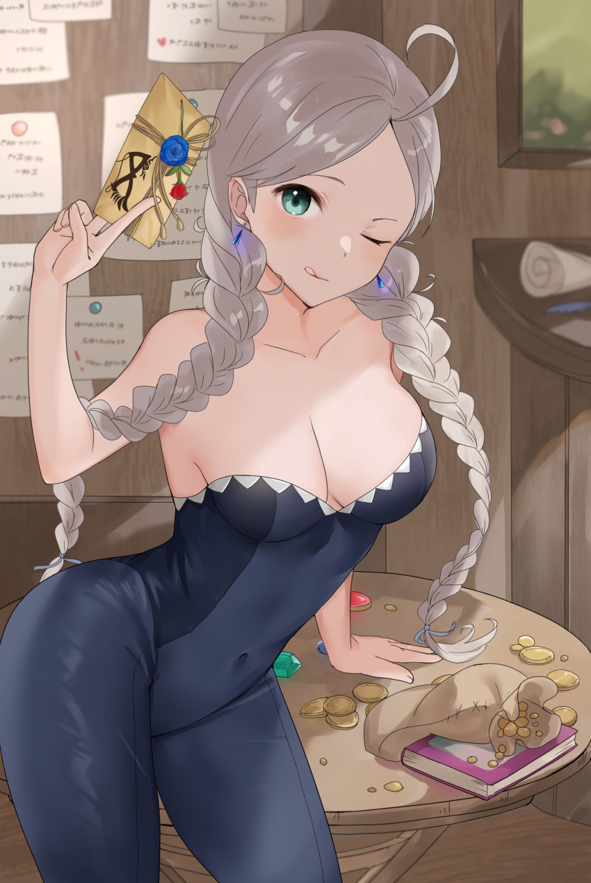 1girl, absurdres, ahoge, bare_shoulders, blue_bodysuit, blue_eyes, blue_flower, blue_rose, bodysuit, book, braid, breasts, cleavage, coin, commission, commissioner_upload, covered_navel, earrings, envelope, fire_emblem, fire_emblem_fates, fire_emblem_heroes, flower, gem, gold_coin, grey_hair, hair_ribbon, haru_(nakajou-28), highres, holding, holding_envelope, indoors, jewelry, leaning_on_table, licking_lips, looking_at_viewer, low_twintails, medium_breasts, multicolored_bodysuit, nina_(fire_emblem), nina_(thief)_(fire_emblem), nintendo, non-web_source, official_alternate_costume, one_eye_closed, parted_bangs, red_flower, red_rose, ribbon, rose, round_table, sack, skeb_commission, solo, strapless, table, tongue, tongue_out, twin_braids, twintails, two-tone_bodysuit, upper_body, window, wooden_table, wooden_wall