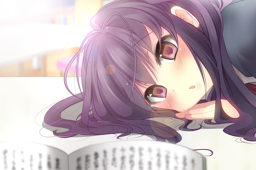 1girl, black_hair, book, brown_eyes, female_focus, head_rest, k-on!, lens_flare