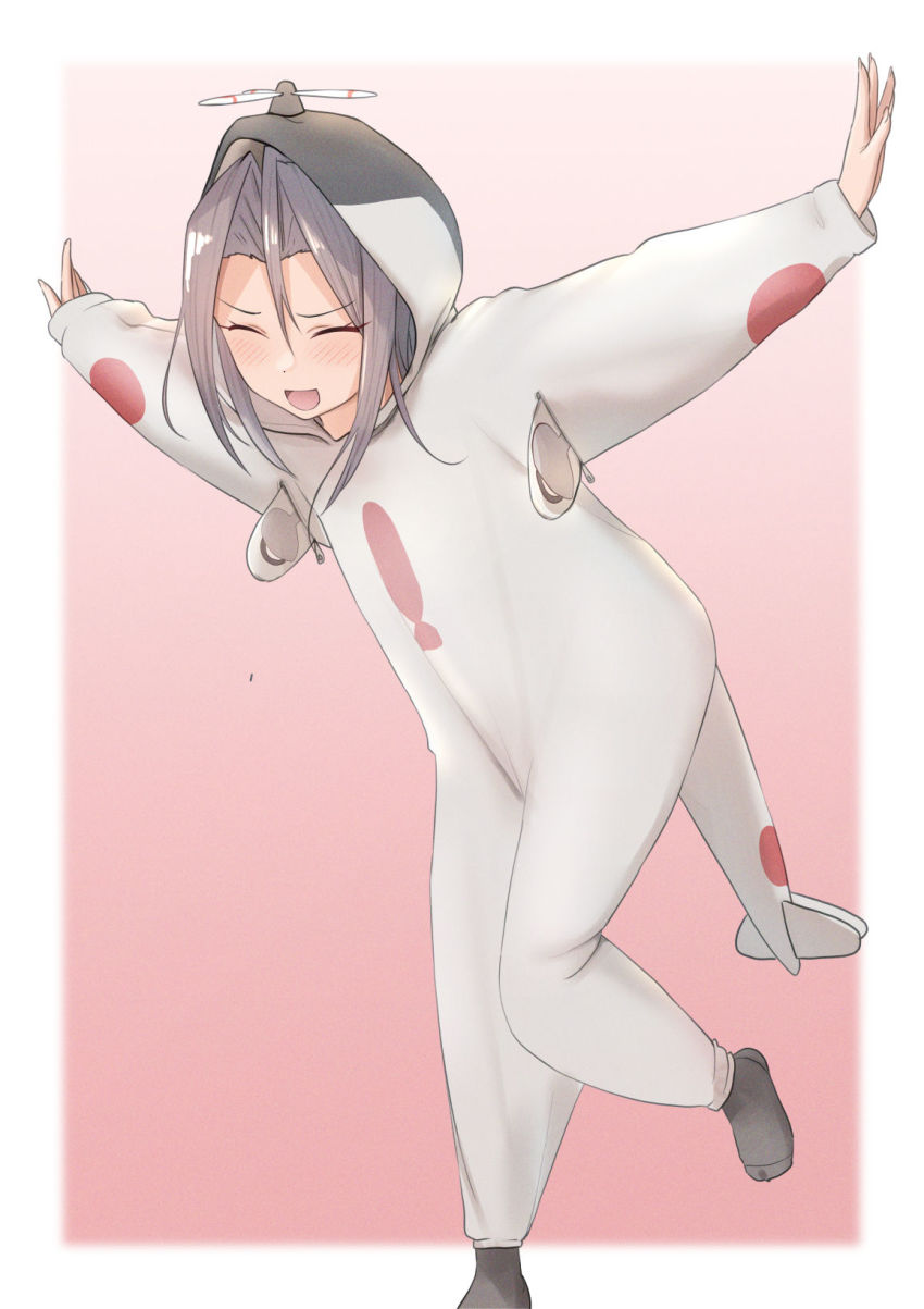 1girl, airplane_costume, alternate_costume, black_socks, closed_eyes, full_body, grey_hair, hair_between_eyes, highres, hood, hood_up, kantai_collection, leg_up, long_hair, long_sleeves, open_mouth, outstretched_arms, sakiecho, simple_background, socks, solo, zuihou_(kancolle)