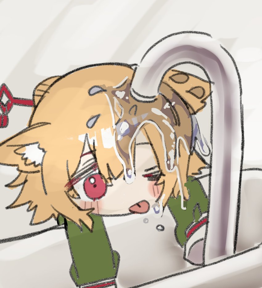 1girl, animal_ear_fluff, animal_ears, blonde_hair, borrowed_character, closed_mouth, commentary_request, failure, faucet, fox_ears, green_shirt, hair_between_eyes, hair_bun, hair_ornament, highres, kemomimi-chan_(naga_u), long_sleeves, one_eye_closed, original, red_eyes, sanzui, shirt, sink, sleeves_past_fingers, sleeves_past_wrists, solo, tongue, tongue_out, water, you're_doing_it_wrong
