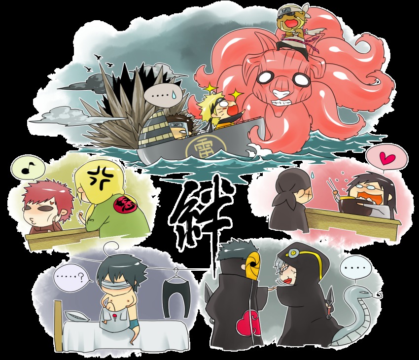 2girls, 6+boys, bad_id, bad_pixiv_id, bed, chibi, dark_skin, dengye, gaara_(naruto), gyuuki_(naruto), hachibi_no_kyogyu, karin_(naruto), killer_bee, kunai, mask, morino_ibiki, multiple_boys, multiple_girls, naruto_(series), naruto_shippuuden, rice, snake, tobi_(naruto), tsunade_(naruto), uchiha_madara, uchiha_obito, uchiha_sasuke, uzumaki_naruto, water, weapon, yakushi_kabuto, yamato_(naruto)