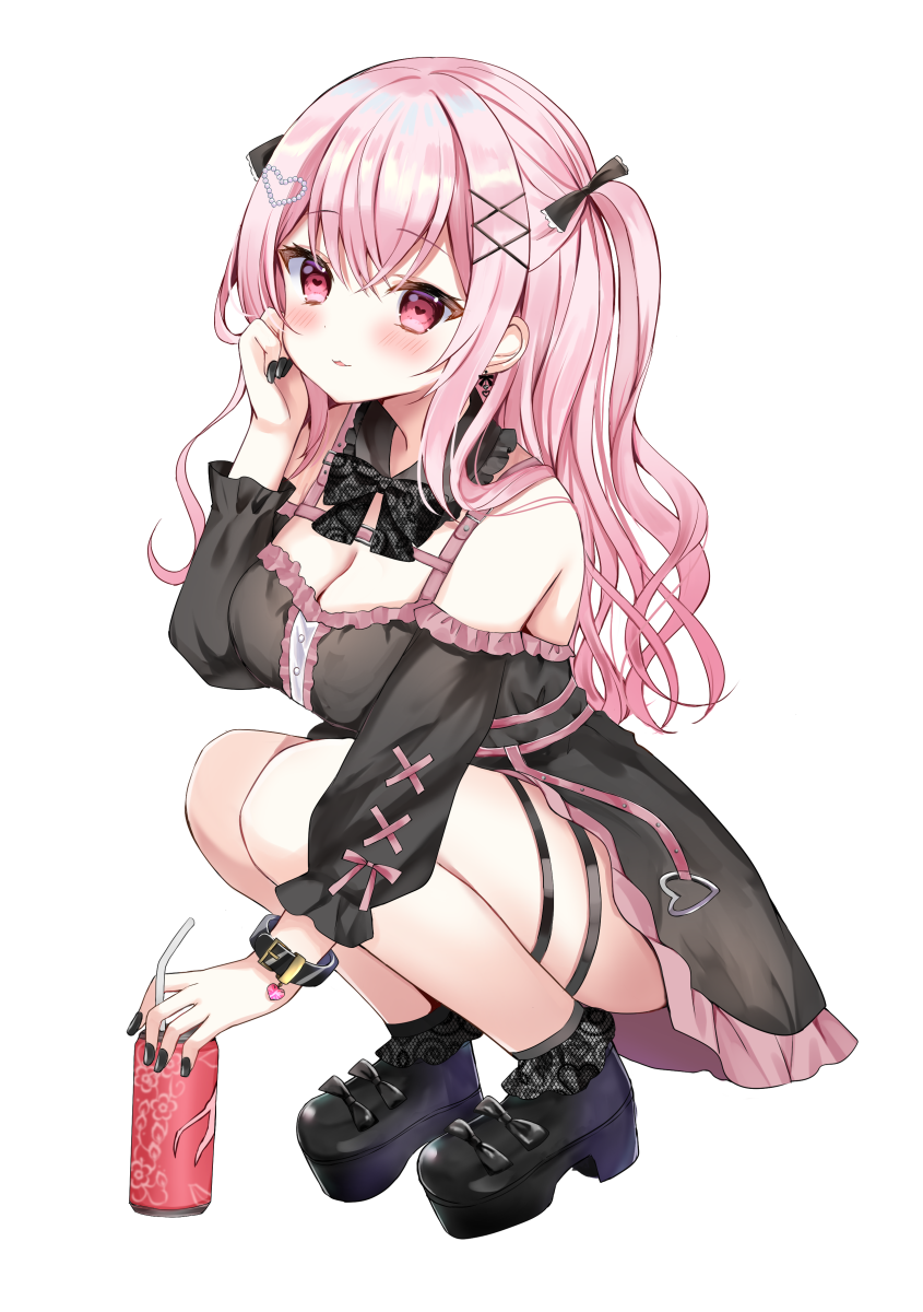 1girl, black_dress, black_footwear, black_nails, blush, bow, bowtie, bracelet