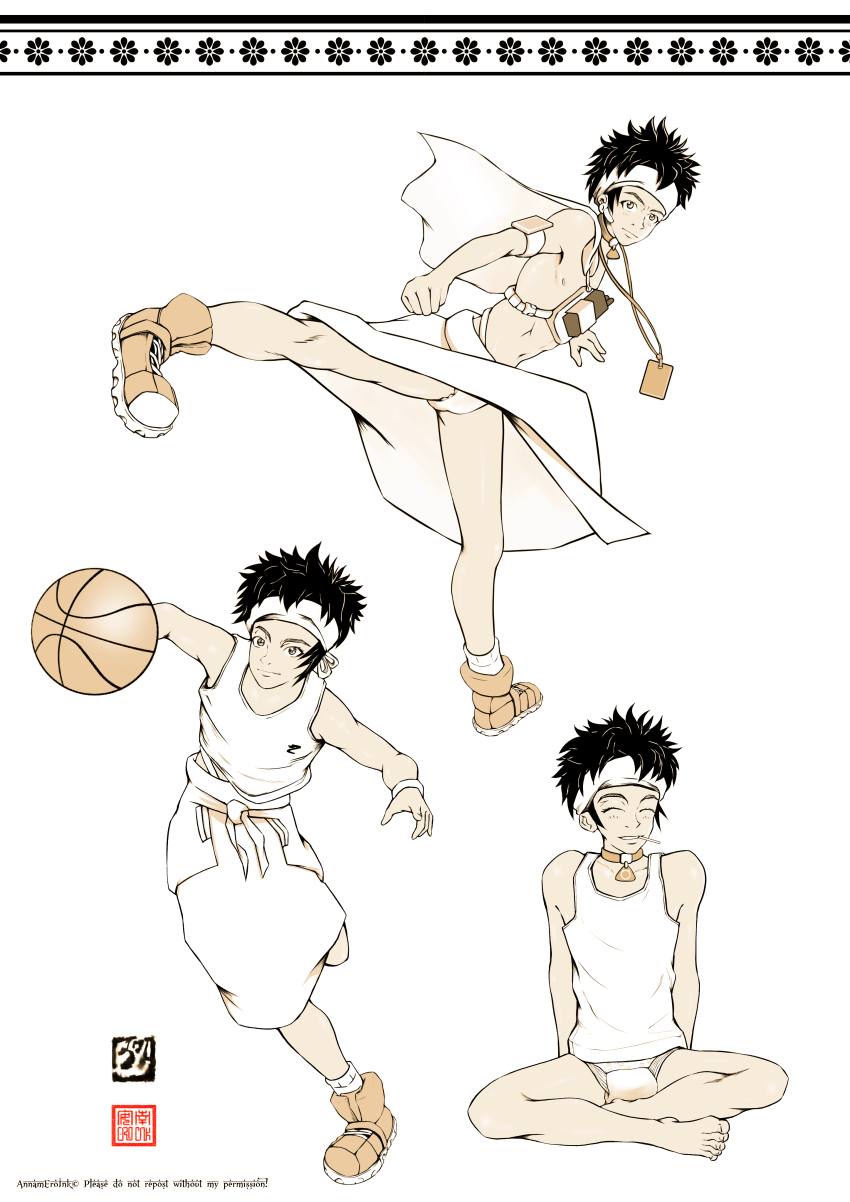 1boy, absurdres, annameroink, ball, basketball, basketball_(object), black_hair, character_request, copyright_request, dark_skin, dipper, eunuch, highres, multiple_views, playing_sports
