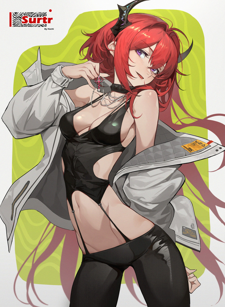 1girl, absurdres, arknights, arm_behind_back, breasts, coat, cross, cross_necklace