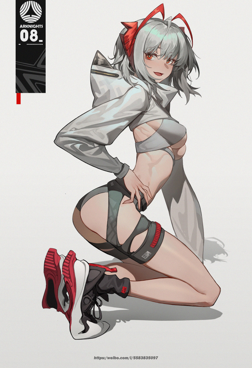 1girl, absurdres, ahoge, arknights, film_grain, grey_background, grey_hair, hachisan