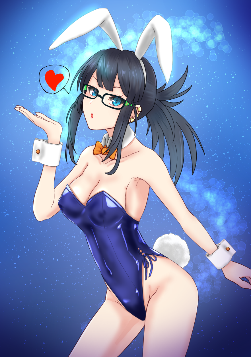 1girl, animal_ears, bare_legs, blowing_kiss, blue_background, blue_eyes, blue_leotard, bow