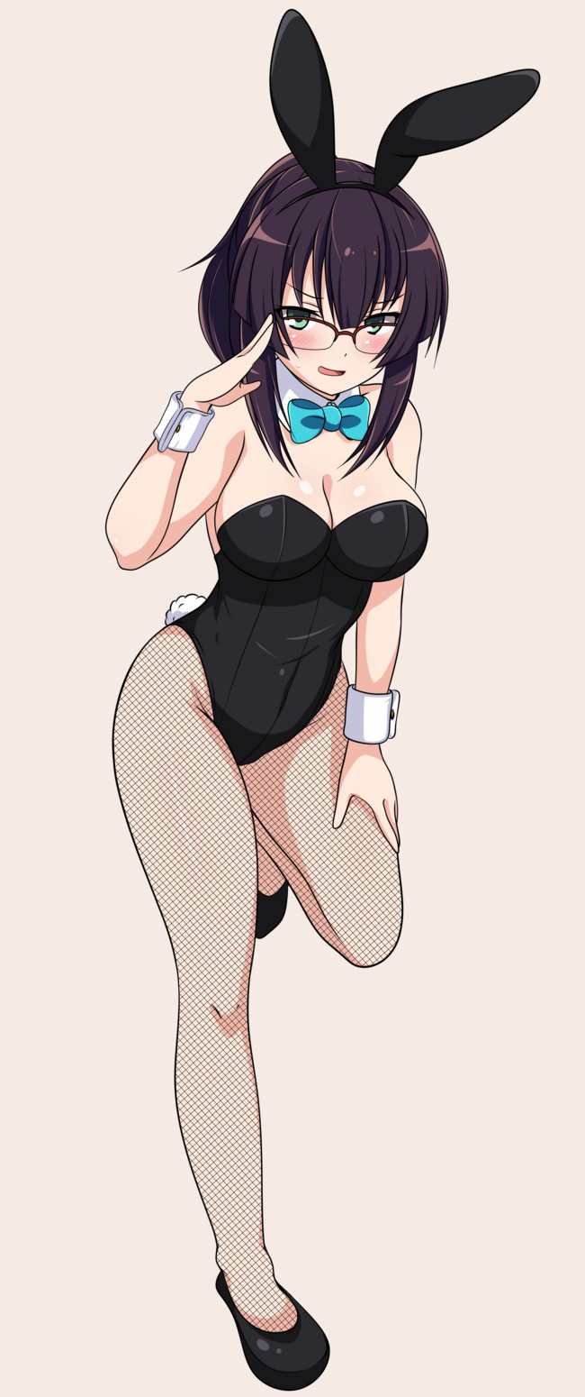 1girl, animal_ears, aqua_bow, aqua_bowtie, black_hair, black_leotard, bow, bowtie, breasts, cleavage, detached_collar, fishnet_pantyhose, fishnets, floahi, full_body, glasses, green_eyes, highres, leaning_forward, leotard, looking_at_viewer, medium_breasts, pantyhose, playboy_bunny, rabbit_ears, rabbit_tail, salute, short_hair, sidelocks, solo, strapless, strapless_leotard, tail, tenka_hyakken, wrist_cuffs, yayoi_(tenka_hyakken)