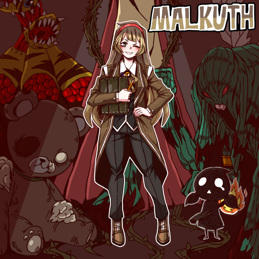 1girl, ;d, absurdres, ascot, b2k, black_pants, black_vest, book