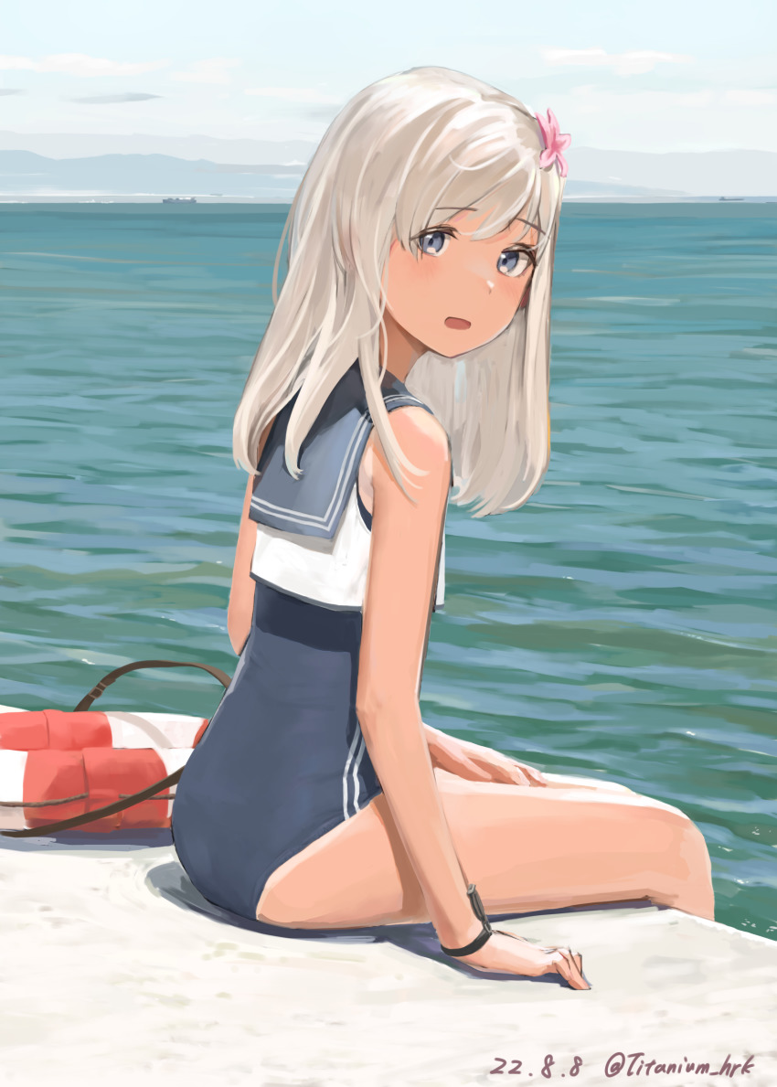 1girl, absurdres, black_one-piece_swimsuit, blonde_hair, blue_eyes, dated, day, flower, hair_flower, hair_ornament, highres, kantai_collection, long_hair, looking_at_viewer, looking_back, one-piece_swimsuit, open_mouth, pink_flower, ro-500_(kancolle), sailor_collar, sailor_shirt, school_swimsuit, shirt, sitting, sleeveless, sleeveless_shirt, solo, swimsuit, titanium_hrk, twitter_username, white_shirt