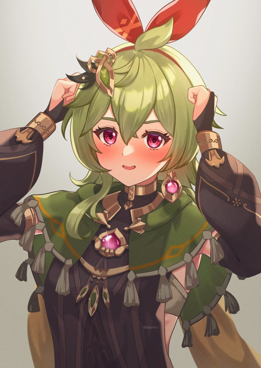 1girl, blush, collei_(genshin_impact), ebipote3, genshin_impact, green_hair, highres, red_ribbon