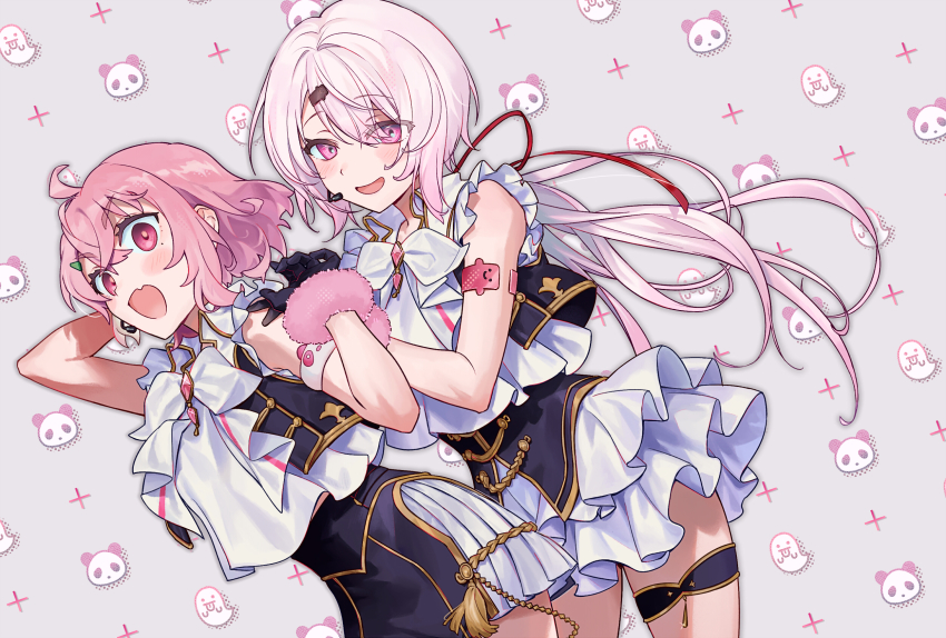 2girls, armband, bon_(o_s_s_o_i), fang, frilled_skirt, frills, gloves, hair_ornament, hairclip, highres, idol, idol_clothes, long_hair, low_ponytail, multiple_girls, nijisanji, open_mouth, pink_hair, ponytail, red_eyes, ribbon, sasaki_saku, shiina_yuika, shirt, short_hair, skin_fang, skirt, sleeveless, sleeveless_shirt, very_long_hair, virtual_youtuber, white_hair