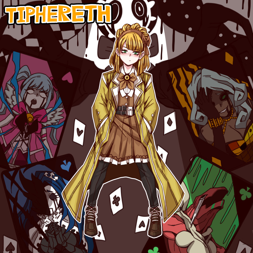 4girls, :/, absurdres, b2k, belt, belt_pouch, black_belt, black_pants, black_sclera, blank_eyes, blonde_hair, blood, blood_from_mouth, blood_on_face, blue_hair, blunt_ends, bow, bow_hairband, bowtie, brooch, brown_background, brown_bow, brown_bowtie, brown_footwear, brown_hairband, brown_skirt, brown_vest, cape, card, character_name, club_(shape), coat, colored_sclera, curly_hair, dark-skinned_female, dark_skin, diamond_(shape), dress, evil_smile, full_body, gauntlets, green_eyes, grey_hair, hair_bun, hairband, half_mask, hand_on_own_face, hands_in_pockets, heart, highres, jester_of_nihil, jewelry, king_of_greed, knight_of_despair, library_of_ruina, long_hair, looking_at_viewer, mask, medium_hair, monster, multiple_girls, open_mouth, outline, own_hands_clasped, own_hands_together, pants, pants_under_skirt, pink_dress, playing_card, pouch, project_moon, queen_of_hatred, servant_of_wrath, shirt, shoes, skirt, smile, spade_(shape), spotlight, tiphereth_a_(project_moon), twintails, vest, white_cape, white_outline, white_shirt, wings, yellow_coat, yellow_dress