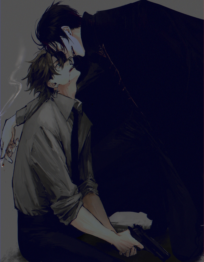 2boys, akuta_vi, aqua_eyes, black_coat, black_hair, black_necktie, blood, blood_from_mouth