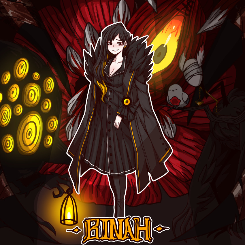 1girl, absurdres, apocalypse_bird, b2k, balance_scale, big_bird_(project_moon), binah_(project_moon), bird, black_coat, black_dress, black_eyes, black_footwear, black_hair, black_nails, blonde_hair, boots, branch, breasts, bright_pupils, buttons, character_name, cleavage, coat, coat_on_shoulders, colored_sclera, dress, earrings, extra_eyes, full_body, fur-trimmed_coat, fur_trim, hair_over_shoulder, highres, holding, holding_lantern, jewelry, judgement_bird, lantern, library_of_ruina, long_hair, looking_at_viewer, mole, mole_under_eye, monster, multicolored_hair, nail_polish, outline, parted_lips, project_moon, punishing_bird, smirk, spotlight, swept_bangs, two-tone_hair, weighing_scale, white_outline, white_pupils, yellow_sclera