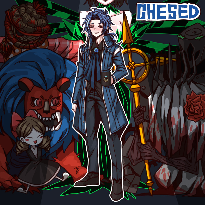 1boy, 2girls, :d, ^_^, absurdres, adult_who_tells_lies_(project_moon), ascot, b2k